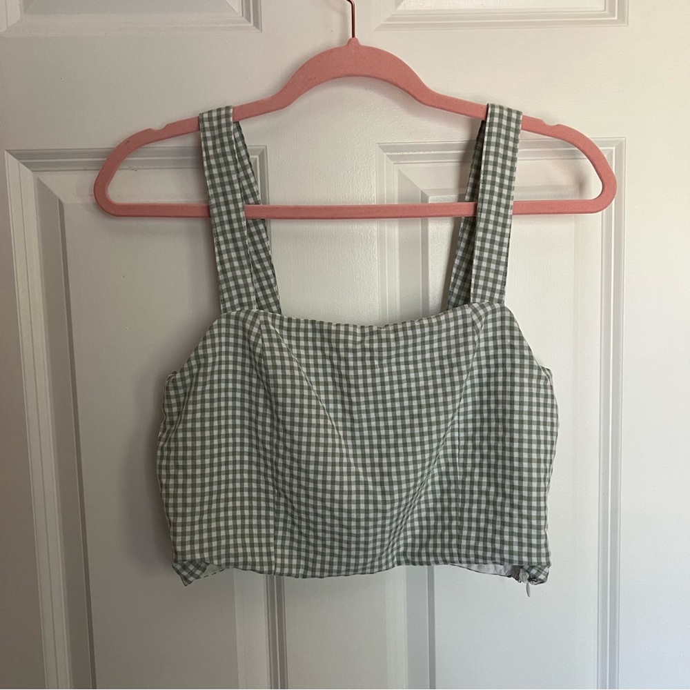 Skies are Blue Sage Green Checked Crop Top Fitted Tank Top size Small
